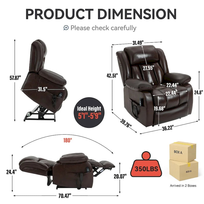 Dual Motor Infinite Position Electric Power Lift Recliner Chair - Genuine Leather Brown