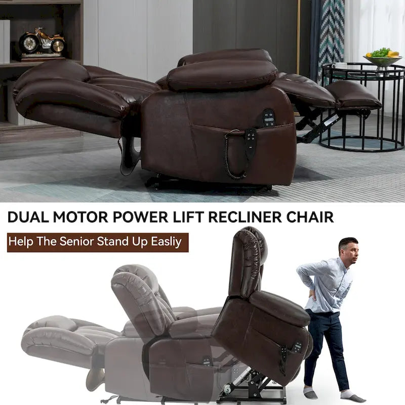 Dual Motor Infinite Position Electric Power Lift Recliner Chair - Genuine Leather Brown