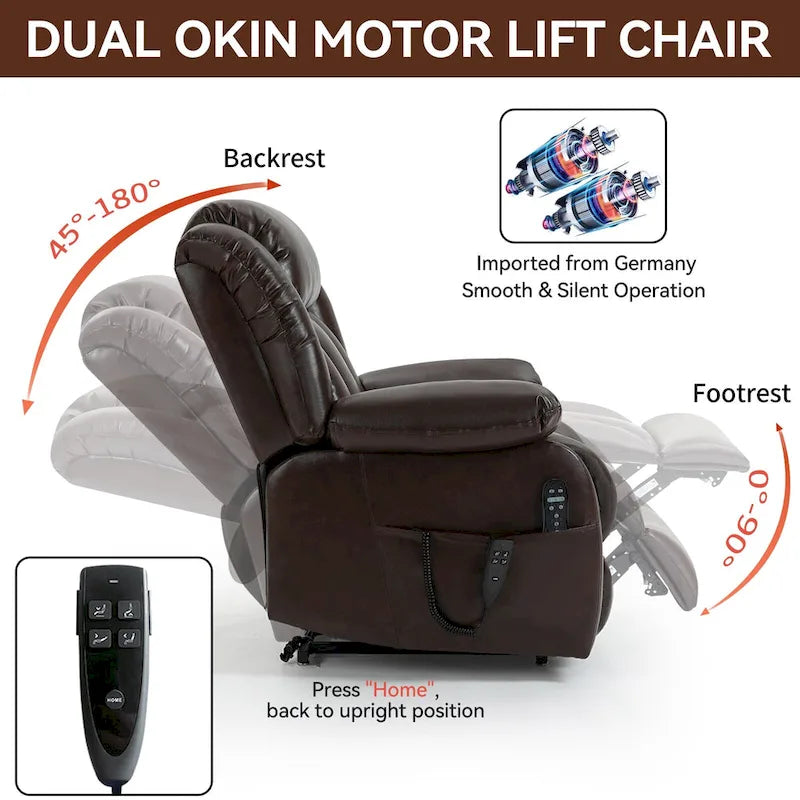 Dual Motor Infinite Position Electric Power Lift Recliner Chair - Genuine Leather Brown