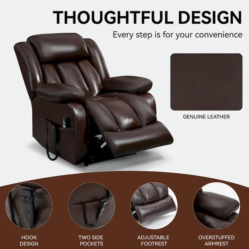 Dual Motor Infinite Position Electric Power Lift Recliner Chair - Genuine Leather Brown