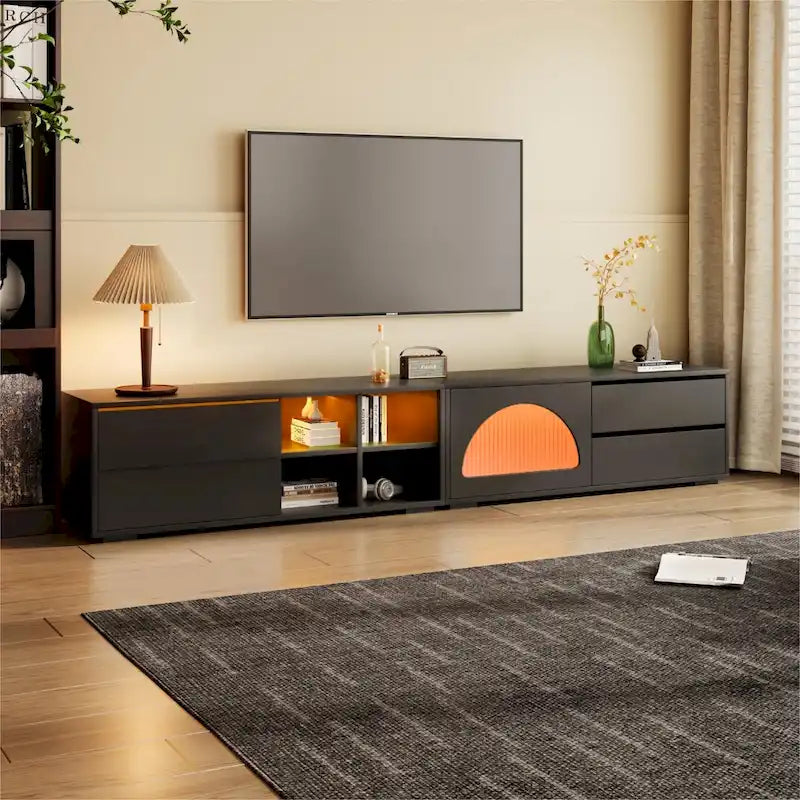 Meuble TV moderne avec porte en verre cannelé pour téléviseurs jusqu'à 100 pouces, console multimédia avec porte coulissante et 2 tiroirs