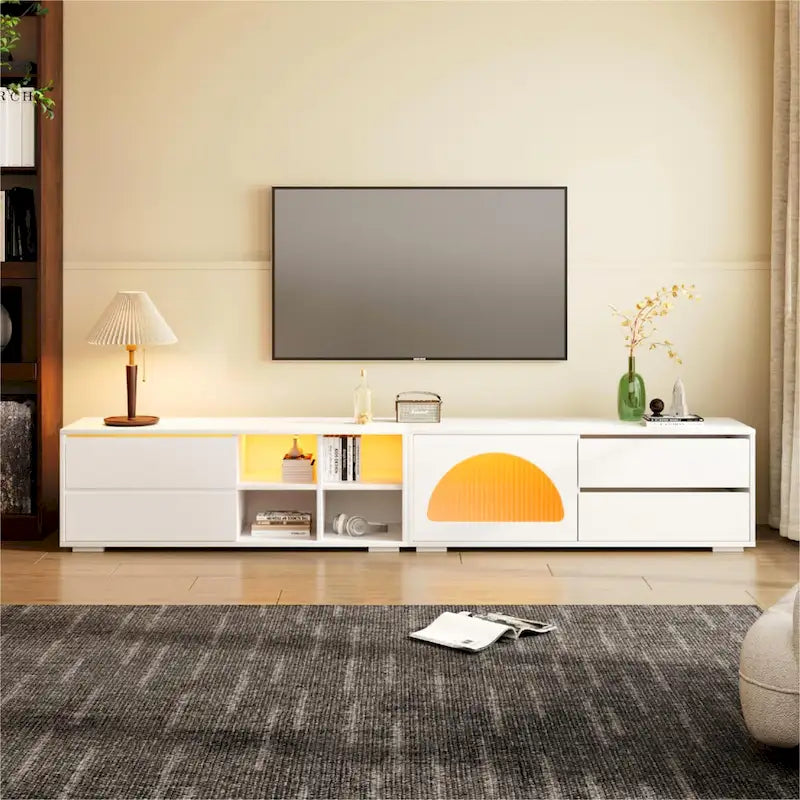Modern TV Stand with Fluted Glass Door for TVs Up to 100, Media Console with Sliding Door & 2 Drawers