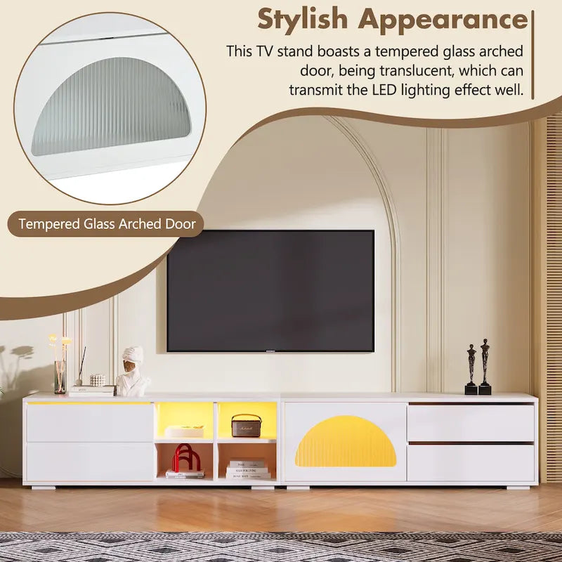 Modern TV Stand with Fluted Glass Door for TVs Up to 100, Media Console with Sliding Door & 2 Drawers