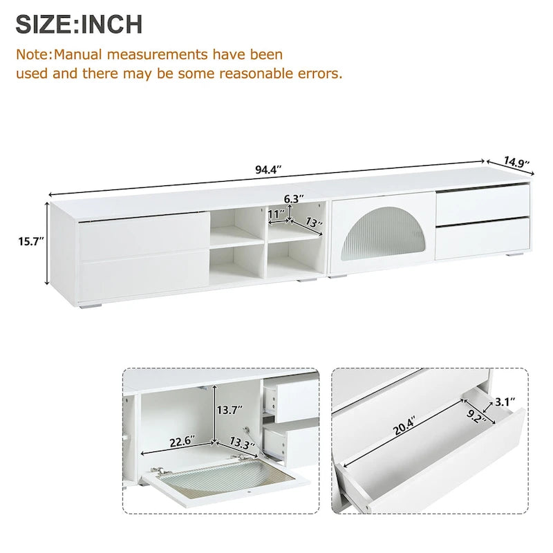 Modern TV Stand with Fluted Glass Door for TVs Up to 100, Media Console with Sliding Door & 2 Drawers