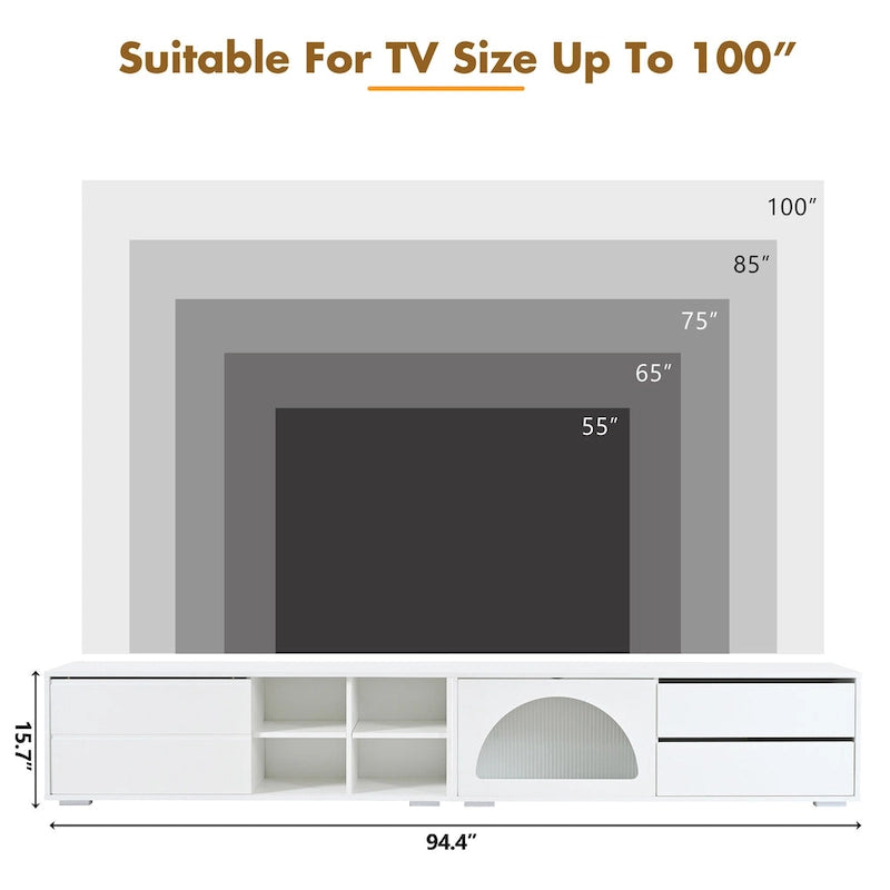 Modern TV Stand with Fluted Glass Door for TVs Up to 100, Media Console with Sliding Door & 2 Drawers
