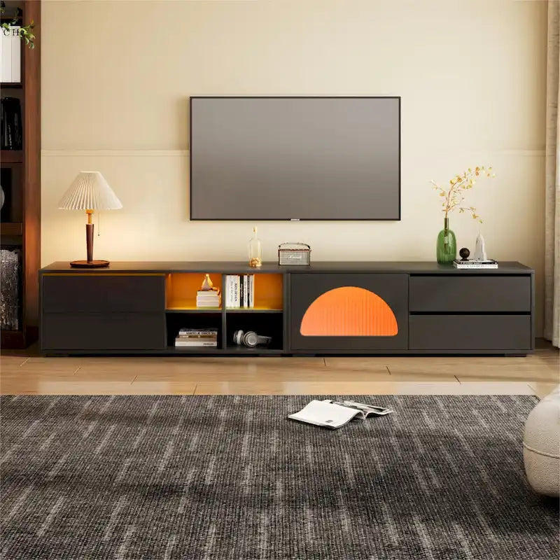 Modern TV Stand with Fluted Glass Door for TVs Up to 100, Media Console with Sliding Door & 2 Drawers