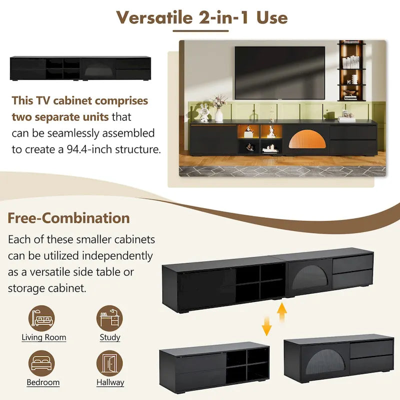 Modern TV Stand with Fluted Glass Door for TVs Up to 100, Media Console with Sliding Door & 2 Drawers