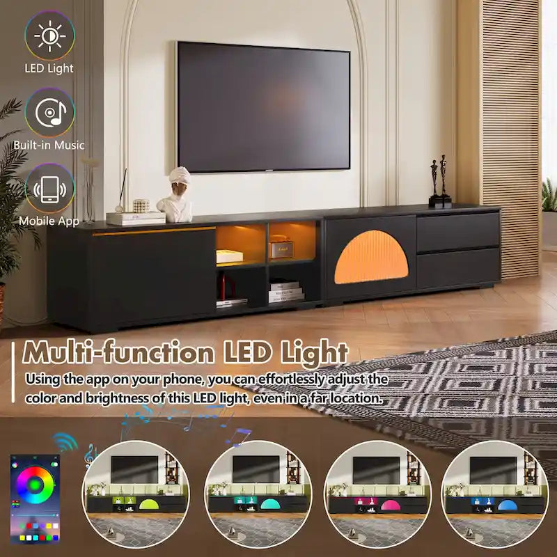 Modern TV Stand with Fluted Glass Door for TVs Up to 100, Media Console with Sliding Door & 2 Drawers