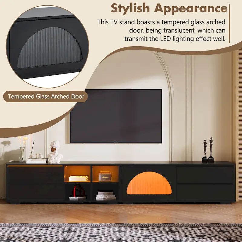 Modern TV Stand with Fluted Glass Door for TVs Up to 100, Media Console with Sliding Door & 2 Drawers