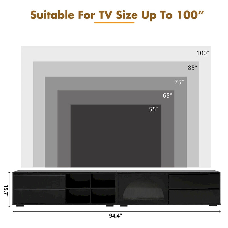 Modern TV Stand with Fluted Glass Door for TVs Up to 100, Media Console with Sliding Door & 2 Drawers