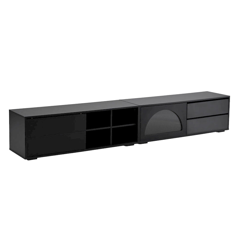 Modern TV Stand with Fluted Glass Door for TVs Up to 100, Media Console with Sliding Door & 2 Drawers