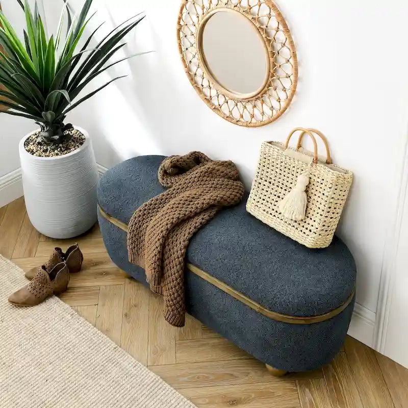 Upholstered Storage Ottoman Bench with Oval Wood Legs