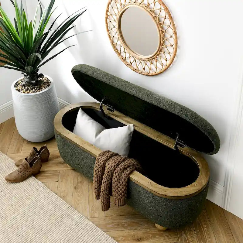Upholstered Storage Ottoman Bench with Oval Wood Legs