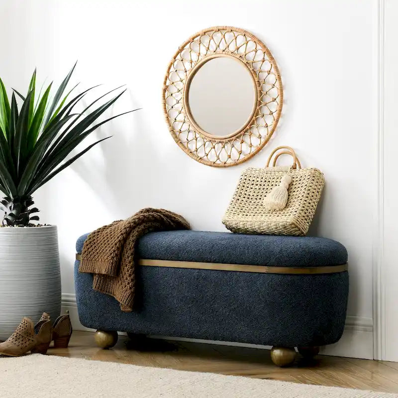 Upholstered Storage Ottoman Bench with Oval Wood Legs