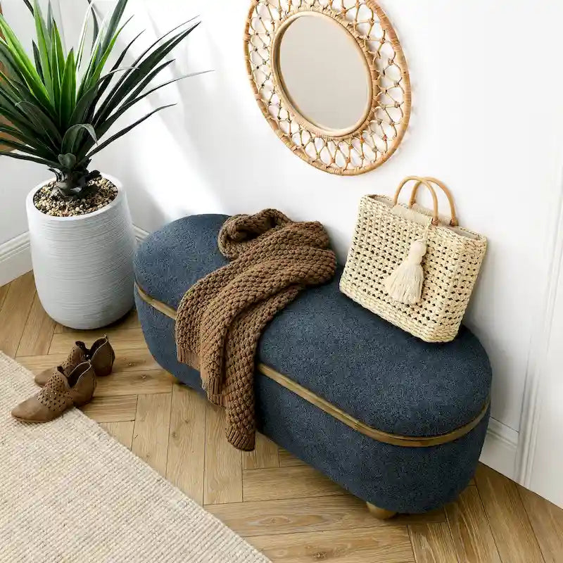 Upholstered Storage Ottoman Bench with Oval Wood Legs
