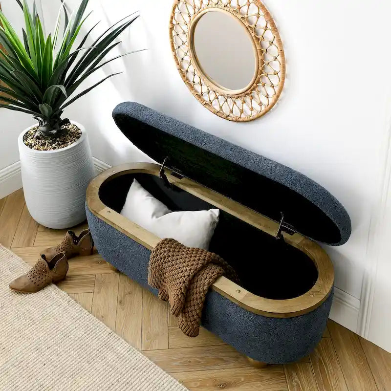 Upholstered Storage Ottoman Bench with Oval Wood Legs
