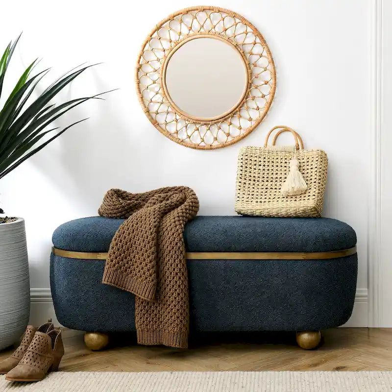 Upholstered Storage Ottoman Bench with Oval Wood Legs