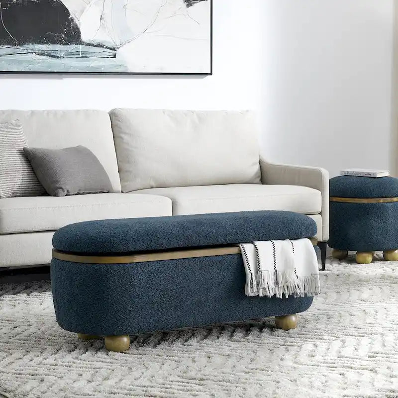 Upholstered Storage Ottoman Bench with Oval Wood Legs