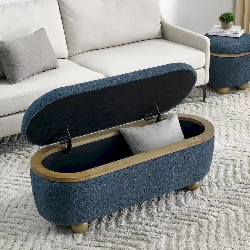 Upholstered Storage Ottoman Bench with Oval Wood Legs