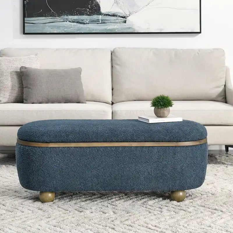Upholstered Storage Ottoman Bench with Oval Wood Legs