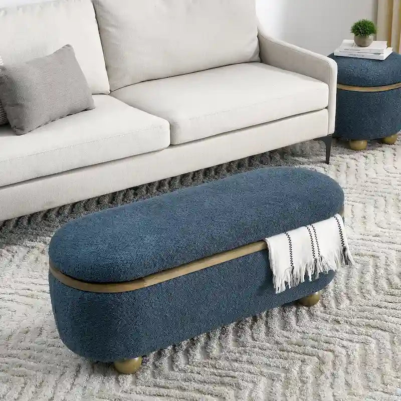 Upholstered Storage Ottoman Bench with Oval Wood Legs