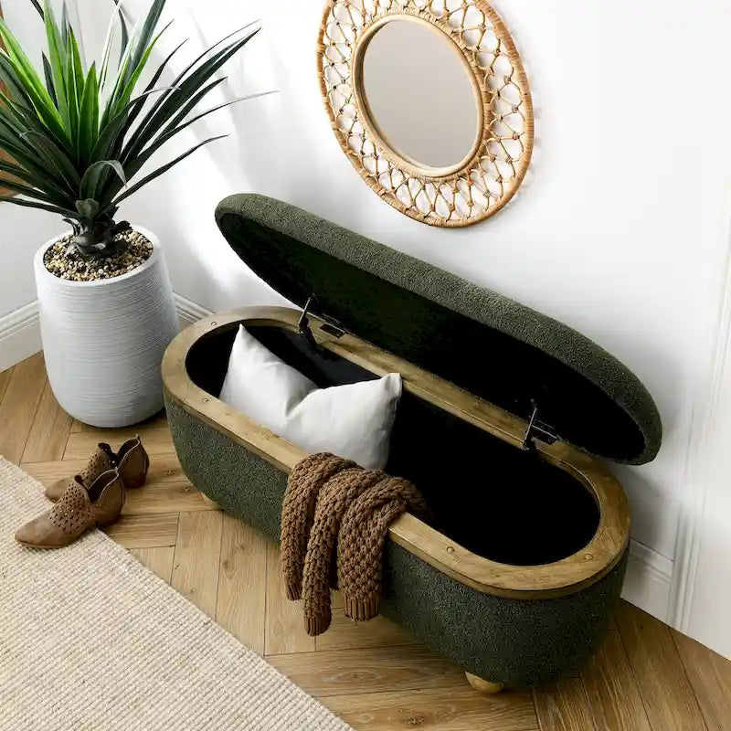 Upholstered Storage Ottoman Bench with Oval Wood Legs