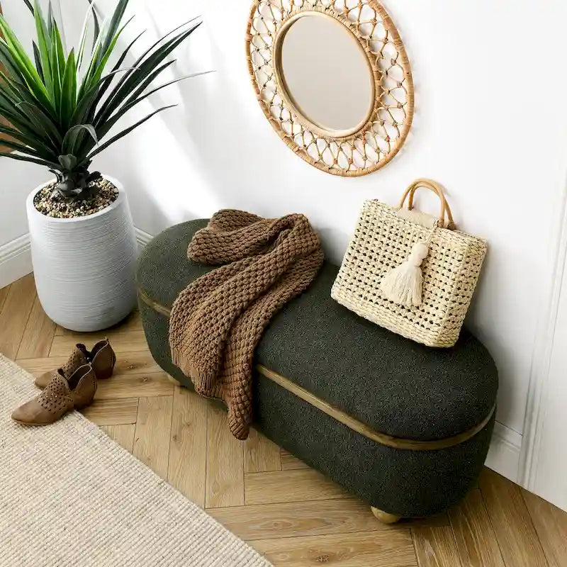 Upholstered Storage Ottoman Bench with Oval Wood Legs