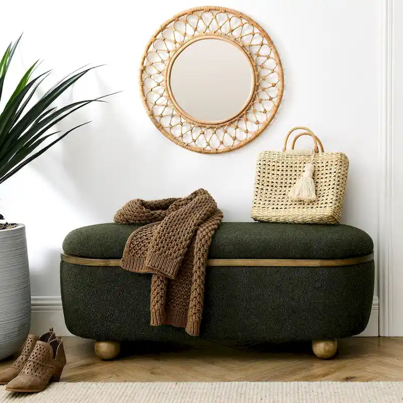 Upholstered Storage Ottoman Bench with Oval Wood Legs
