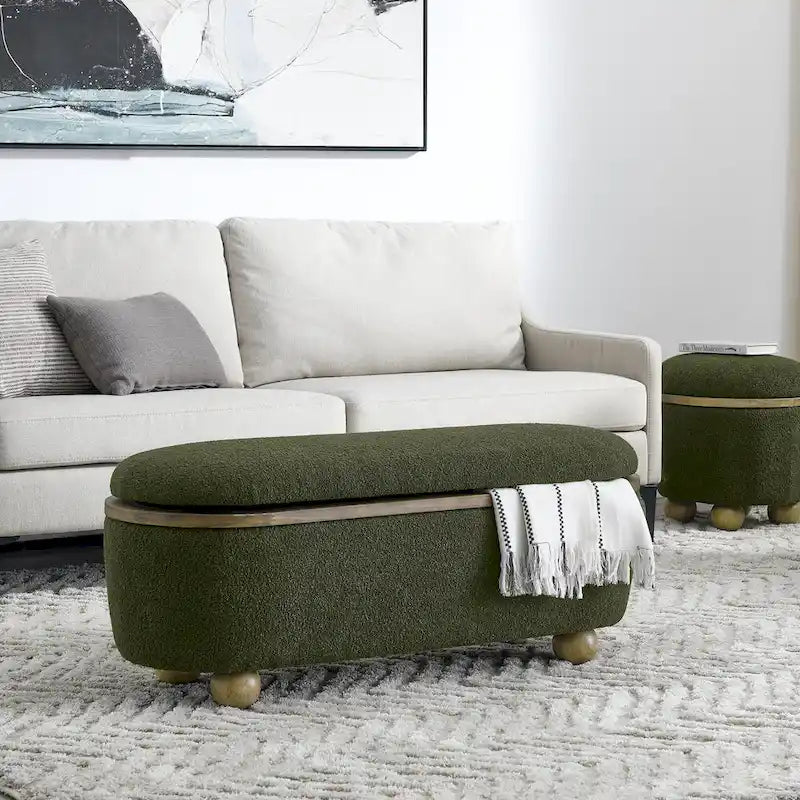 Upholstered Storage Ottoman Bench with Oval Wood Legs