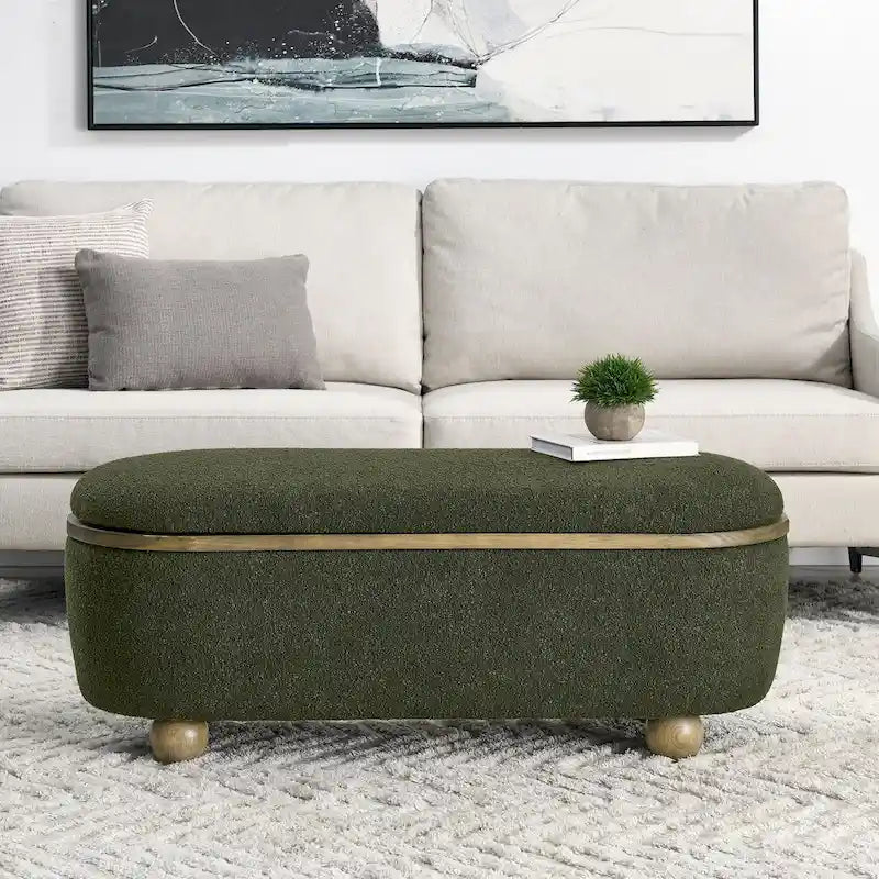 Upholstered Storage Ottoman Bench with Oval Wood Legs