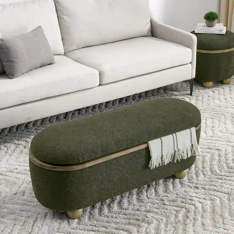 Upholstered Storage Ottoman Bench with Oval Wood Legs