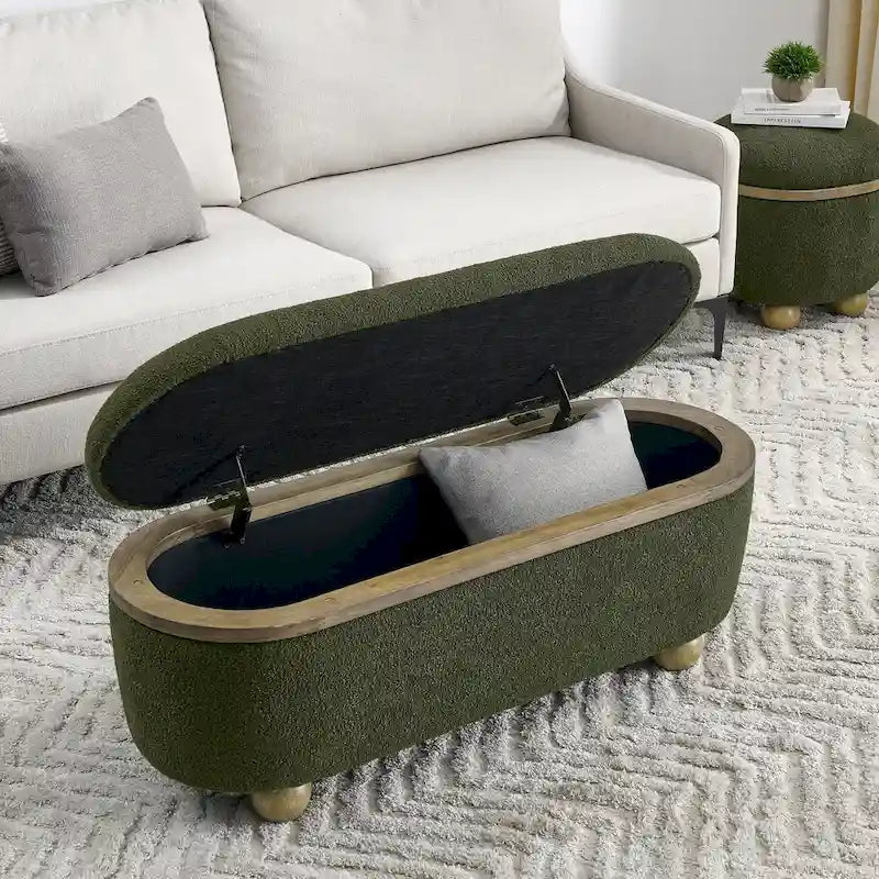 Upholstered Storage Ottoman Bench with Oval Wood Legs