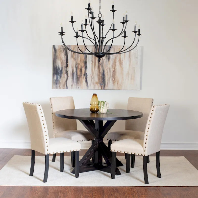 5-Piece Vintage Round Dining Table and Chairs Set with Brass Nailhead Trim
