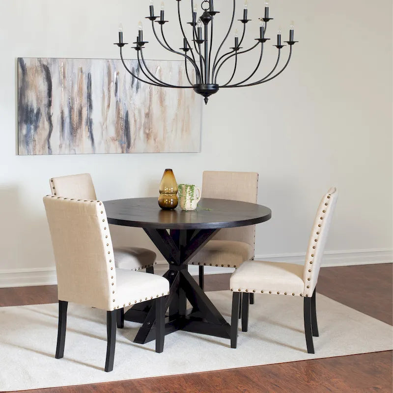 5-Piece Vintage Round Dining Table and Chairs Set with Brass Nailhead Trim