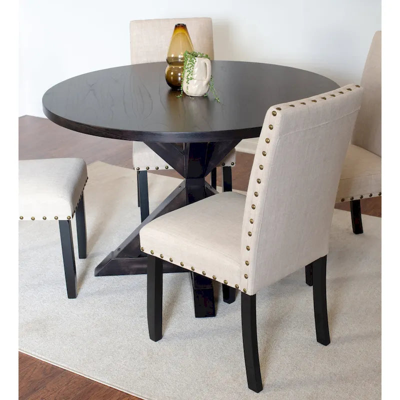 5-Piece Vintage Round Dining Table and Chairs Set with Brass Nailhead Trim