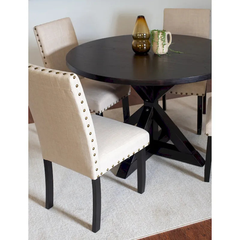 5-Piece Vintage Round Dining Table and Chairs Set with Brass Nailhead Trim
