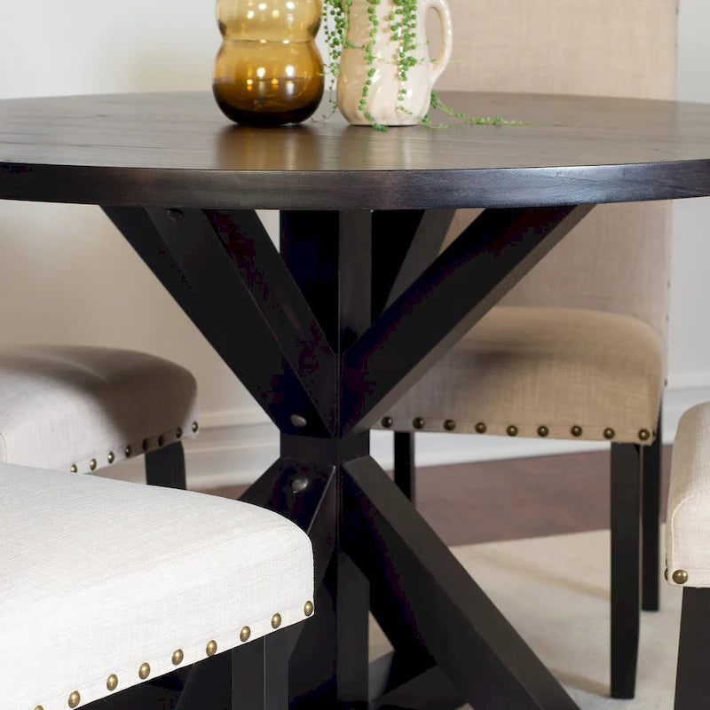 5-Piece Vintage Round Dining Table and Chairs Set with Brass Nailhead Trim