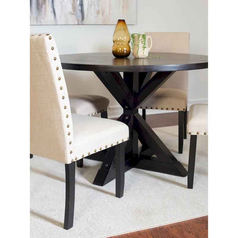 5-Piece Vintage Round Dining Table and Chairs Set with Brass Nailhead Trim