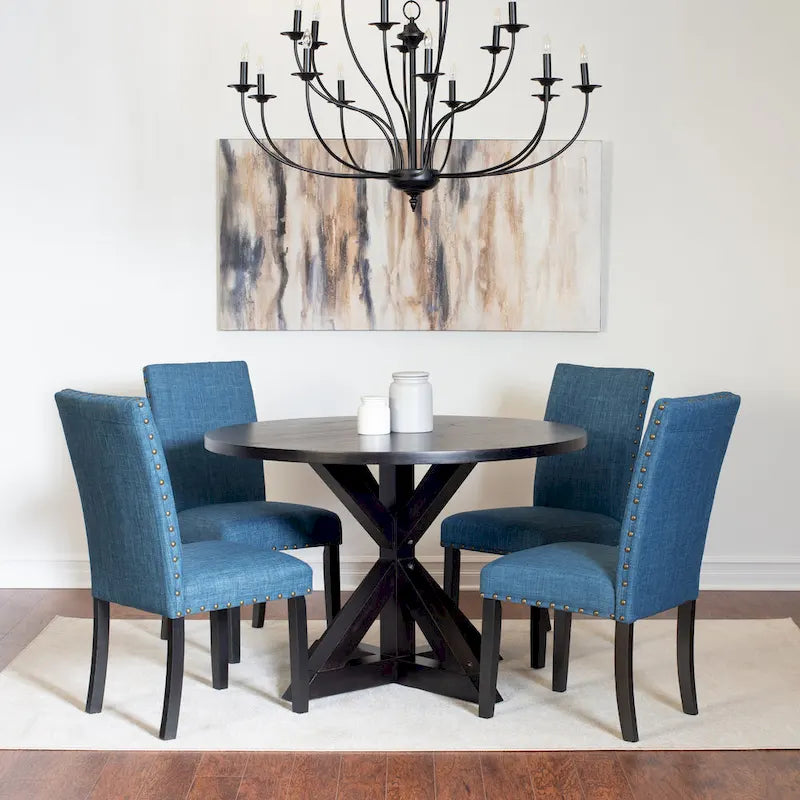 5-Piece Vintage Round Dining Table and Chairs Set with Brass Nailhead Trim
