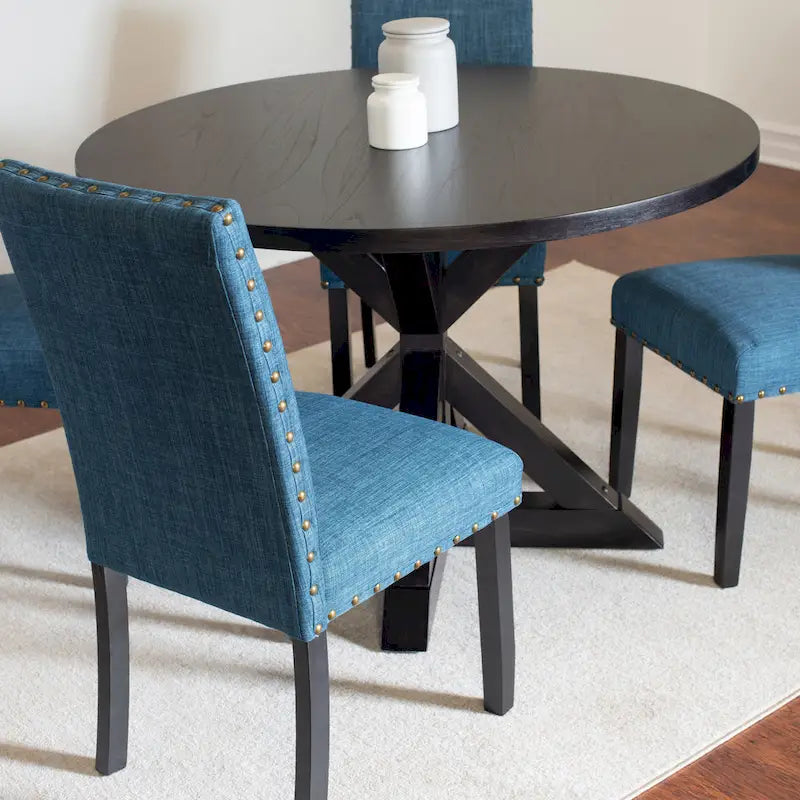 5-Piece Vintage Round Dining Table and Chairs Set with Brass Nailhead Trim