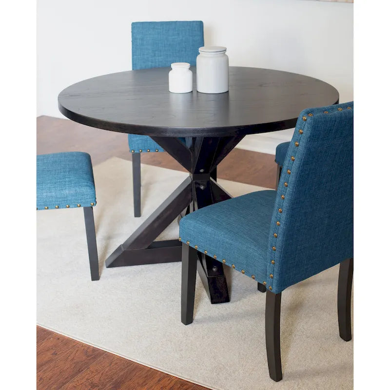 5-Piece Vintage Round Dining Table and Chairs Set with Brass Nailhead Trim