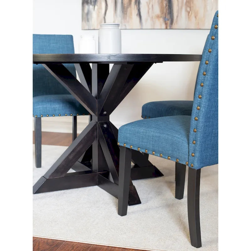 5-Piece Vintage Round Dining Table and Chairs Set with Brass Nailhead Trim