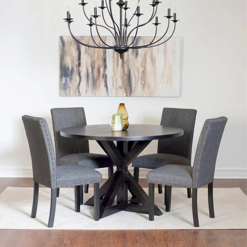 5-Piece Vintage Round Dining Table and Chairs Set with Brass Nailhead Trim