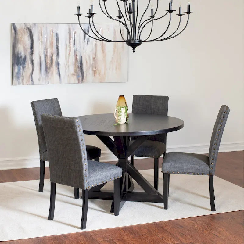 5-Piece Vintage Round Dining Table and Chairs Set with Brass Nailhead Trim