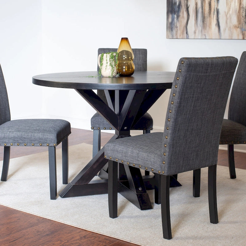 5-Piece Vintage Round Dining Table and Chairs Set with Brass Nailhead Trim