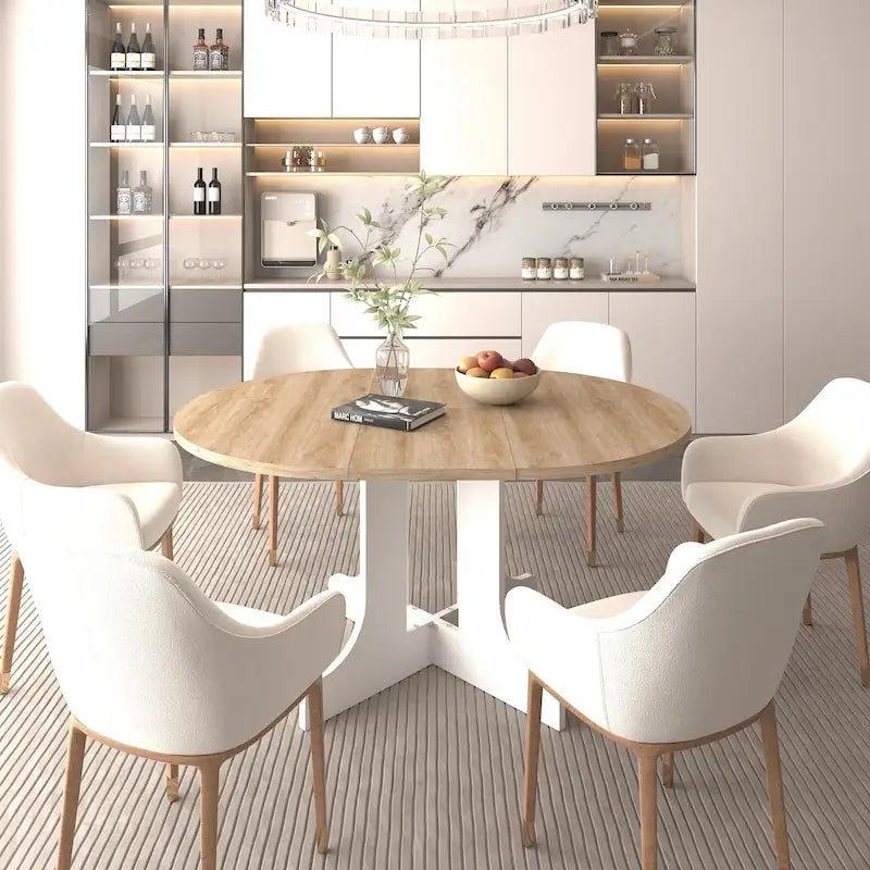 Extendable Farmhouse Round Dining Table with X-Base - Seats 2-6