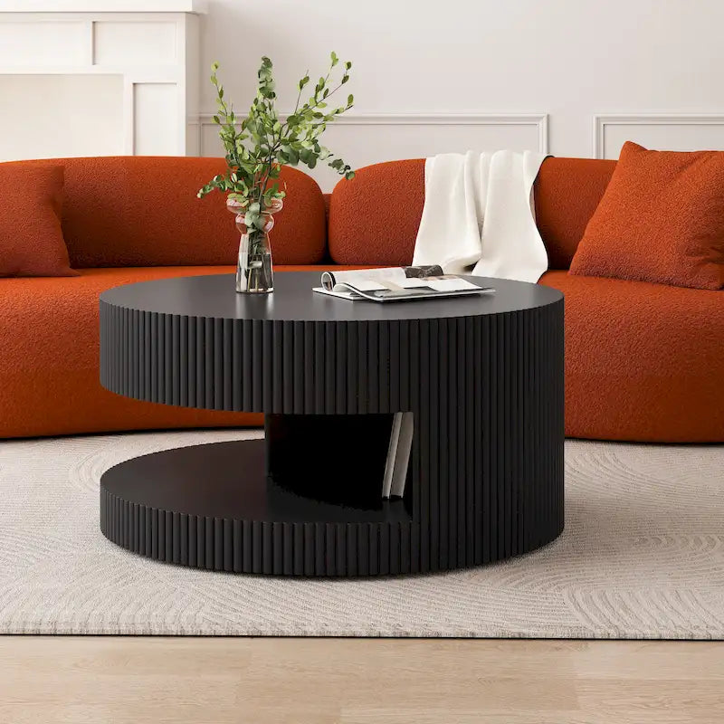 Table basse ronde à double plateau Table d'appoint moderne Table basse à rayures verticales avec rangement, pour salon