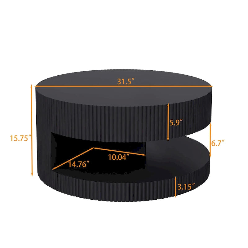 Double Layer Round Coffee Table Modern Center Table Vertical Striped Coffee Table with Storage Space, for Living Room