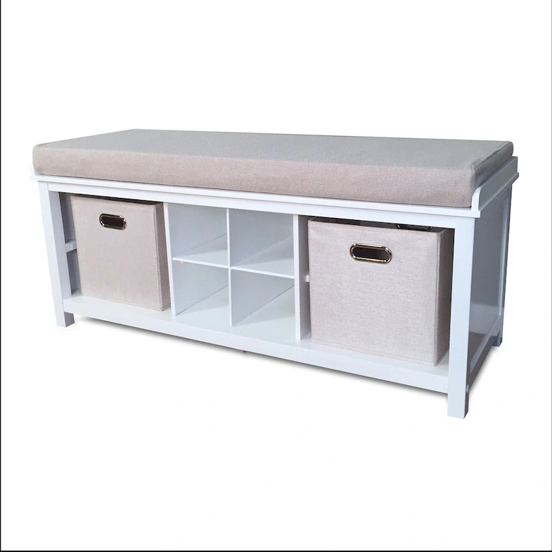 Solid Wood Entryway Bench with 4 Shoe Cubbies - White