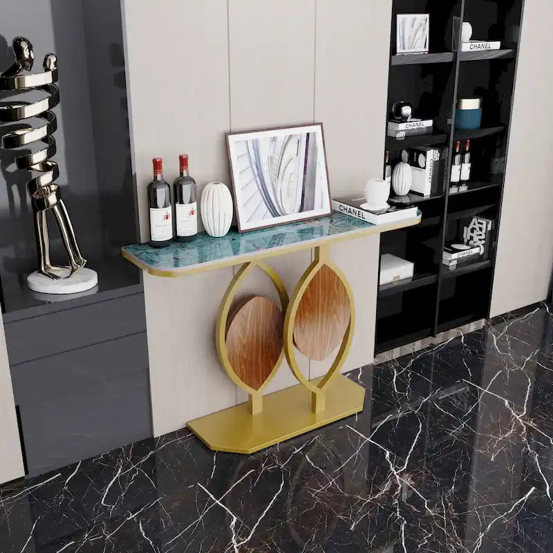 Table console moderne en marbre de 48 po avec base dorée pour entrée ou salon - 48x12x31